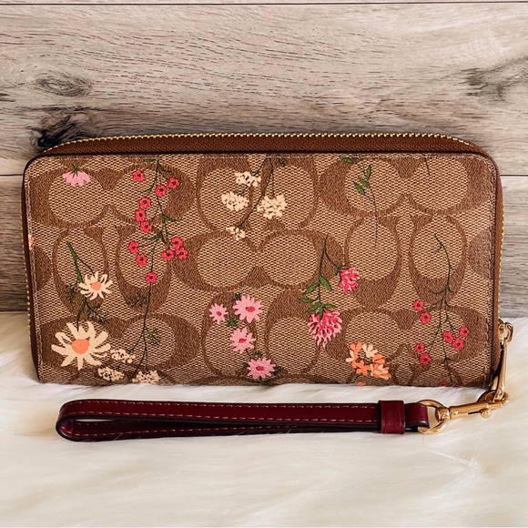 Coach Long Zip Around Wallet In Signature Canvas With Wildflower Print Khaki - Picture 4 of 8